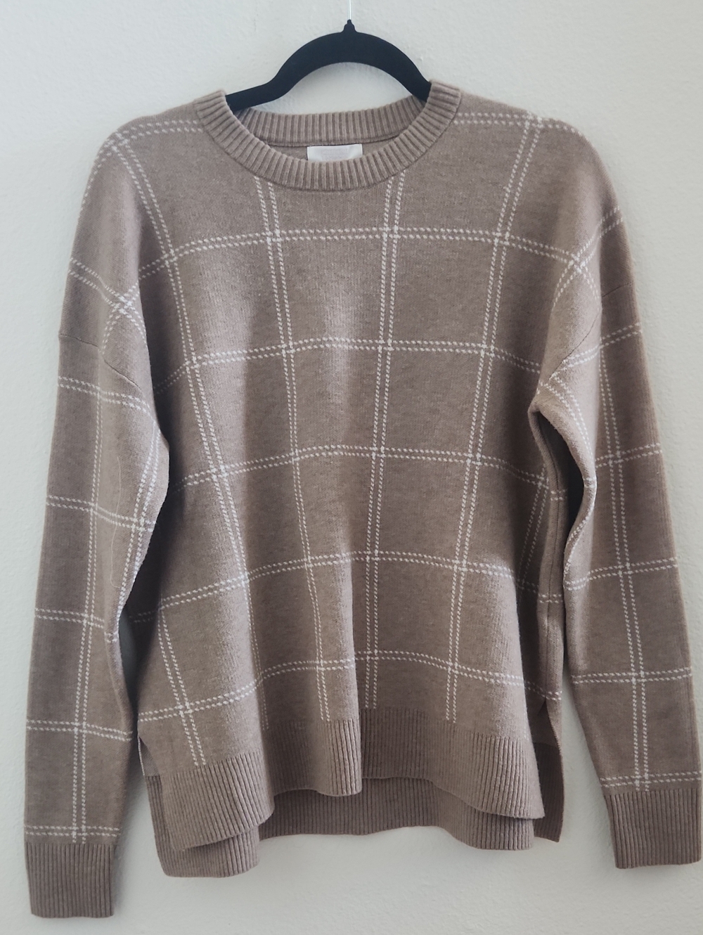Nordstrom Rack Tan And Ivory Windowgrid Crewneck Sweater